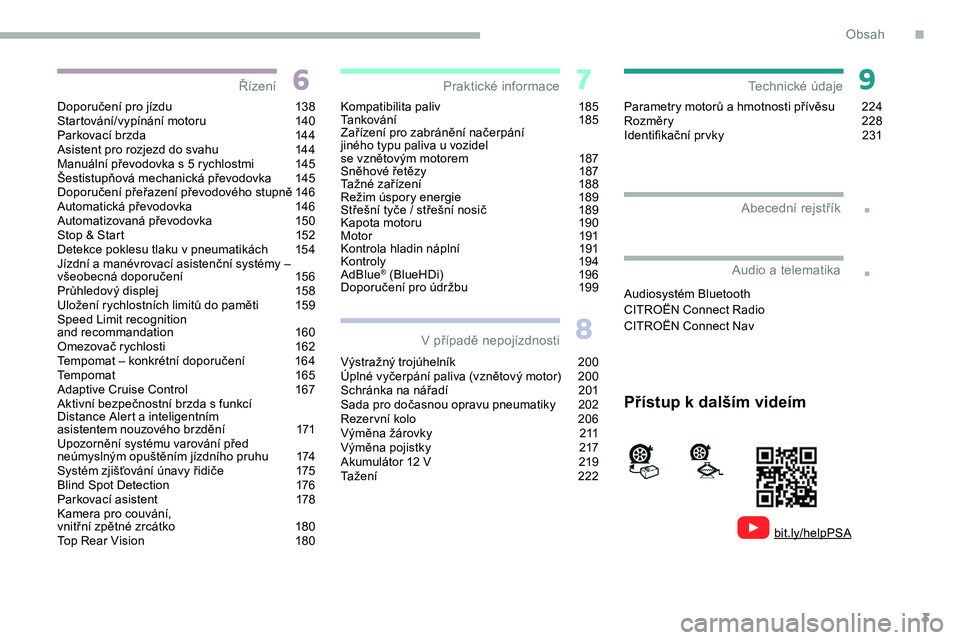 CITROEN JUMPER SPACETOURER 2020  Návod na použití (in Czech) 3
.
.
Doporučení pro jízdu 138
Startování/vypínání motoru  1 40
Parkovací brzda
 
1
 44
Asistent pro rozjezd do svahu
 
1
 44
Manuální převodovka s
  5   rychlostmi  
1
 45
Šestistupňov�