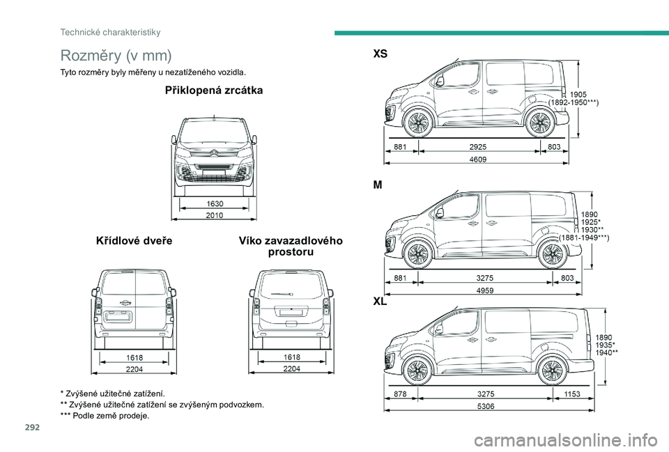 CITROEN JUMPER SPACETOURER 2018 Návod na použití (in Czech) 292
Rozměry (v mm)
Tyto rozměry byly měřeny u nezatíženého vozidla.
Přiklopená zrcátka
Křídlové dveře Víko zavazadlového
prostoru XS
M
XL
* Zvýšené užitečné zatížení.
** Zvý CITROEN JUMPER SPACETOURER 2018 Návod na použití (in Czech) 292
Rozměry (v mm)
Tyto rozměry byly měřeny u nezatíženého vozidla.
Přiklopená zrcátka
Křídlové dveře Víko zavazadlového
prostoru XS
M
XL
* Zvýšené užitečné zatížení.
** Zvý