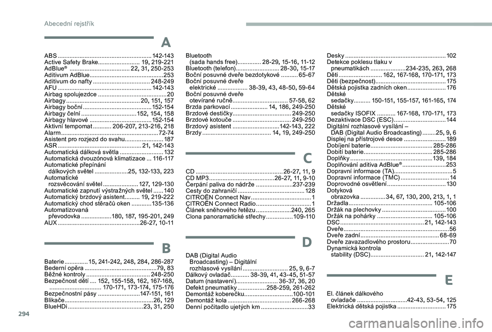 CITROEN JUMPER SPACETOURER 2018 Návod na použití (in Czech) 294
A
ABS ........................................................142-143
Active Safety Brake......................... 19, 219 -221
AdBlue
® .................................... 22, 31 , 250-253
Adi CITROEN JUMPER SPACETOURER 2018 Návod na použití (in Czech) 294
A
ABS ........................................................142-143
Active Safety Brake......................... 19, 219 -221
AdBlue
® .................................... 22, 31 , 250-253
Adi