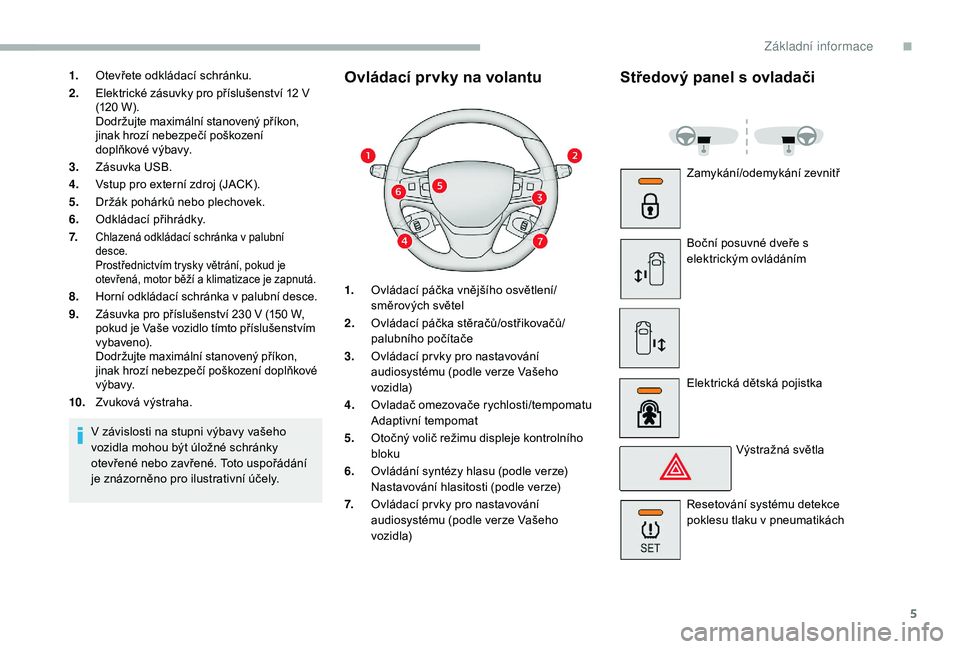 CITROEN JUMPER SPACETOURER 2018  Návod na použití (in Czech) 5
1.Otevřete odkládací schránku.
2. Elektrické zásuvky pro příslušenství 12 V 
(120
  W).
Dodržujte maximální stanovený příkon, 
jinak hrozí nebezpečí poškození 
doplňkové výba