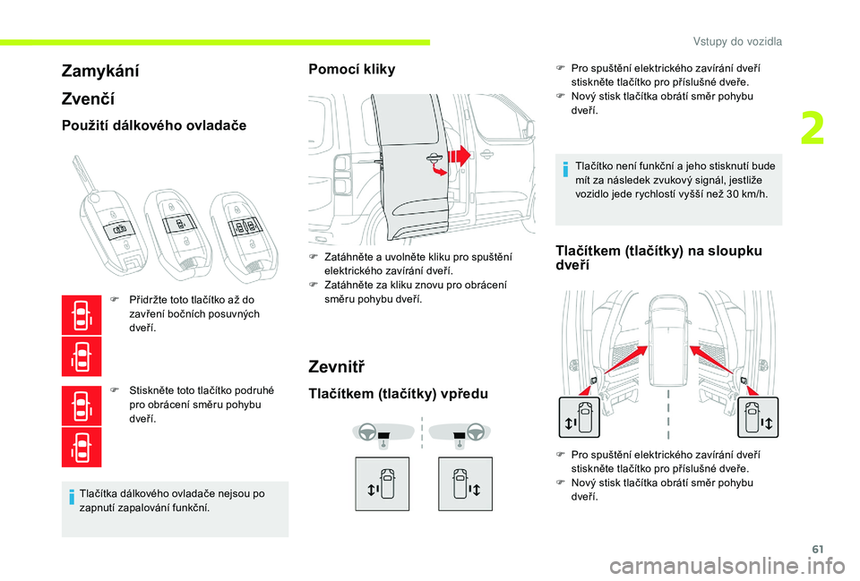 CITROEN JUMPER SPACETOURER 2018 Návod na použití (in Czech) 61
Zamykání
Zvenčí
Použití dálkového ovladače
F Přidržte toto tlačítko až do zavření bočních posuvných
dveří.
F
S
tiskněte toto tlačítko podruhé
pro obrácení směru poh CITROEN JUMPER SPACETOURER 2018 Návod na použití (in Czech) 61
Zamykání
Zvenčí
Použití dálkového ovladače
F Přidržte toto tlačítko až do zavření bočních posuvných
dveří.
F
S
tiskněte toto tlačítko podruhé
pro obrácení směru poh
