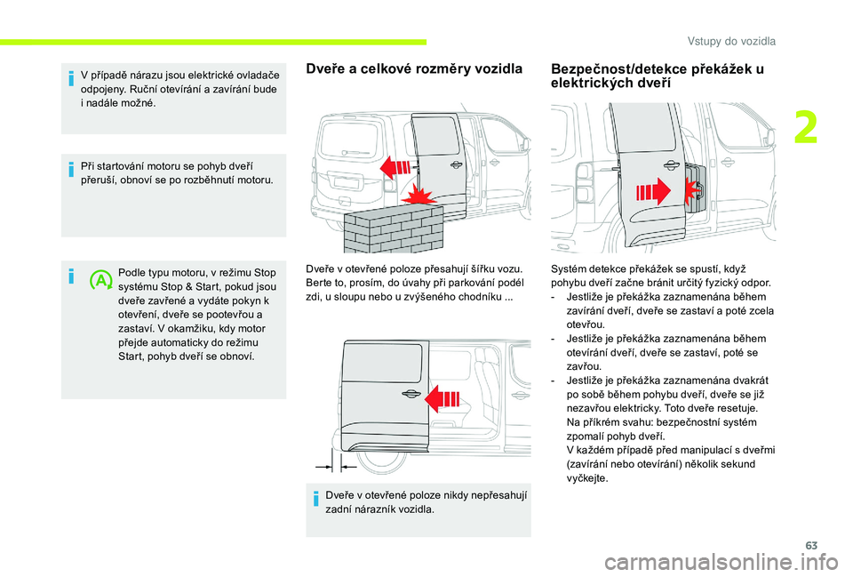 CITROEN JUMPER SPACETOURER 2018 Návod na použití (in Czech) 63
V případě nárazu jsou elektrické ovladače
odpojeny. Ruční otevírání a zavírání bude
i nadále možné.
Při startování motoru se pohyb dveří
přeruší, obnoví se po rozběhnu CITROEN JUMPER SPACETOURER 2018 Návod na použití (in Czech) 63
V případě nárazu jsou elektrické ovladače
odpojeny. Ruční otevírání a zavírání bude
i nadále možné.
Při startování motoru se pohyb dveří
přeruší, obnoví se po rozběhnu