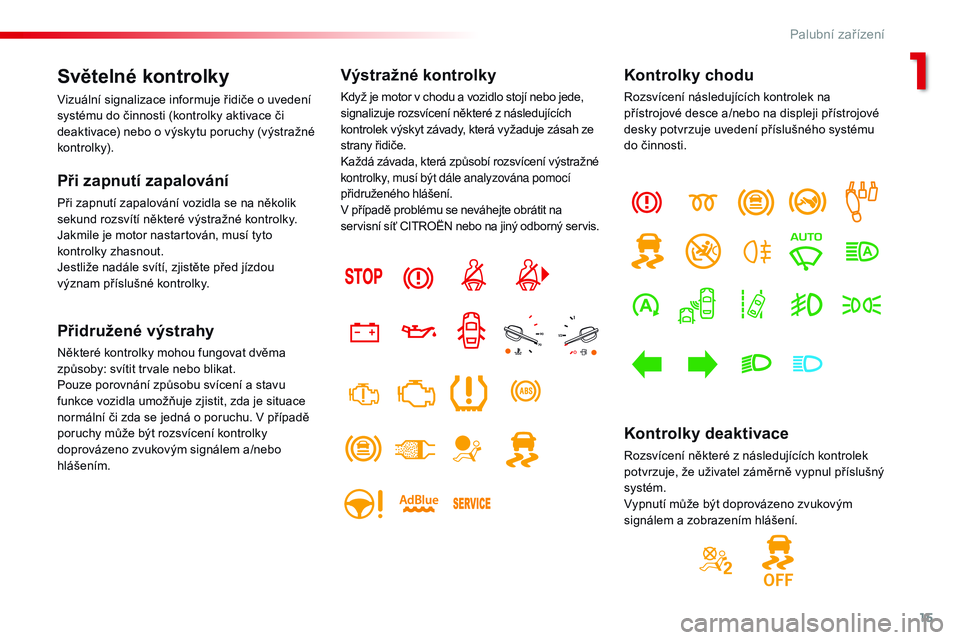 CITROEN JUMPER SPACETOURER 2017  Návod na použití (in Czech) 15
Spacetourer-VP_cs_Chap01_instruments-de-bord_ed01-2016
Světelné kontrolky
Vizuální signalizace informuje řidiče o uvedení 
s ystému do činnosti (kontrolky aktivace či 
deaktivace) nebo o
