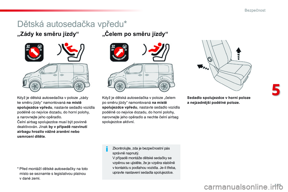 CITROEN JUMPER SPACETOURER 2017  Návod na použití (in Czech) 175
Spacetourer-VP_cs_Chap05_securite_ed01-2016
Sedadlo spolujezdce v horní poloze 
a  nejzadnější podélné poloze.
„Zády ke směru jízdy“
Dětská autosedačka vpředu*
„Čelem po směru