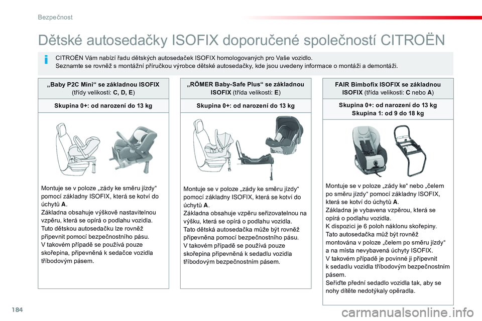 CITROEN JUMPER SPACETOURER 2017  Návod na použití (in Czech) 184
Spacetourer-VP_cs_Chap05_securite_ed01-2016
Dětské autosedačky ISOFIX doporučené společností CITROËN
CITROËN Vám nabízí řadu dětských autosedaček ISOFIX homologovaných pro Vaše v