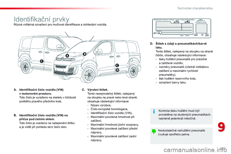 CITROEN JUMPER SPACETOURER 2017 Návod na použití (in Czech) 327
Spacetourer-VP_cs_Chap09_caracteristiques-techniques_ed01-2016
Identifikační prvkyRůzná viditelná označení pro možnost identifikace a dohledání vozidla.
A.
I
dentifikační číslo vozi CITROEN JUMPER SPACETOURER 2017 Návod na použití (in Czech) 327
Spacetourer-VP_cs_Chap09_caracteristiques-techniques_ed01-2016
Identifikační prvkyRůzná viditelná označení pro možnost identifikace a dohledání vozidla.
A.
I
dentifikační číslo vozi