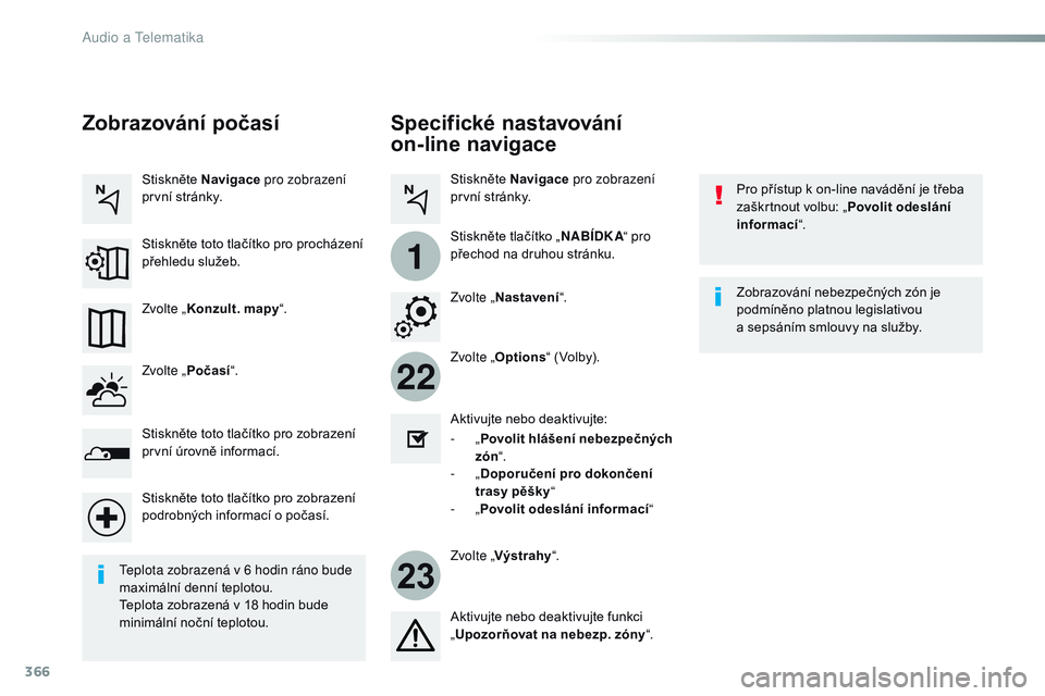 CITROEN JUMPER SPACETOURER 2017 Návod na použití (in Czech) 366
22
23
1
Spacetourer-VP_cs_Chap10b_NAC-1_ed01-2016
Specifické nastavování
on-line navigace
Pro přístup k on-line navádění je třeba
zaškrtnout volbu: „Povolit odeslání
informací CITROEN JUMPER SPACETOURER 2017 Návod na použití (in Czech) 366
22
23
1
Spacetourer-VP_cs_Chap10b_NAC-1_ed01-2016
Specifické nastavování
on-line navigace
Pro přístup k on-line navádění je třeba
zaškrtnout volbu: „Povolit odeslání
informací