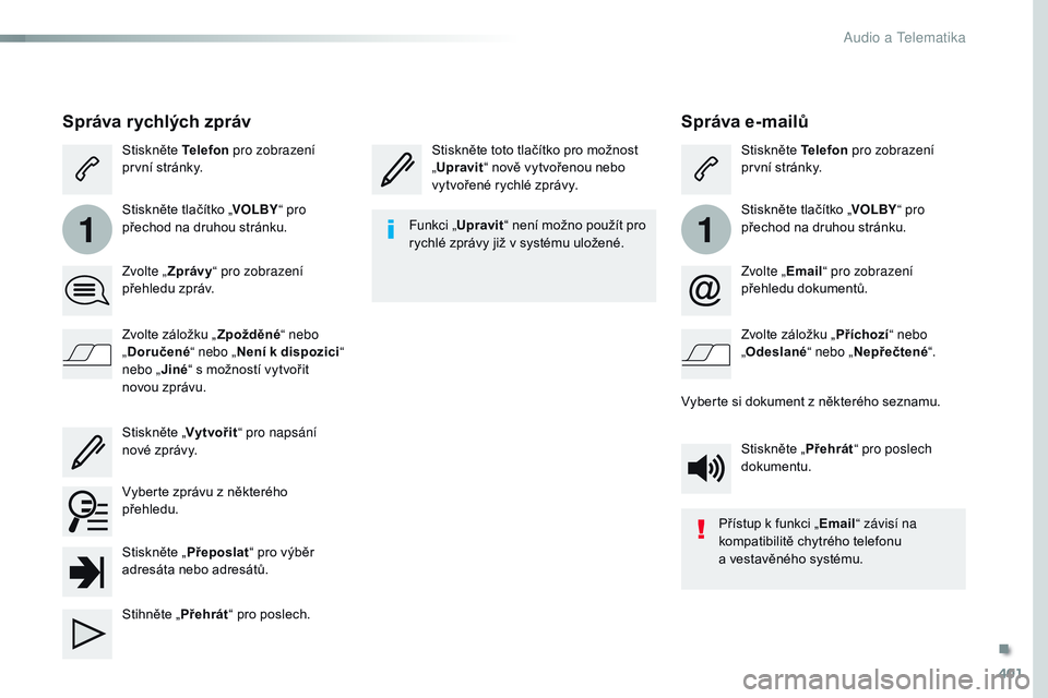 CITROEN JUMPER SPACETOURER 2017  Návod na použití (in Czech) 401
11
Spacetourer-VP_cs_Chap10b_NAC-1_ed01-2016
Správa e-mailů
Stiskněte toto tlačítko pro možnost 
„Upravit “ nově vytvořenou nebo 
vytvořené rychlé zprávy. Stiskněte Telefon
 pro z