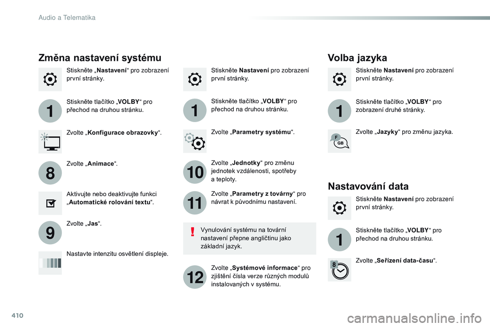 CITROEN JUMPER SPACETOURER 2017  Návod na použití (in Czech) 410
111
10
11
12
8
91
Spacetourer-VP_cs_Chap10b_NAC-1_ed01-2016
Stiskněte Nastavení pro zobrazení 
první stránky. Stiskněte Nastavení
 pro zobrazení 
první stránky.
Stiskněte „
Nastavení