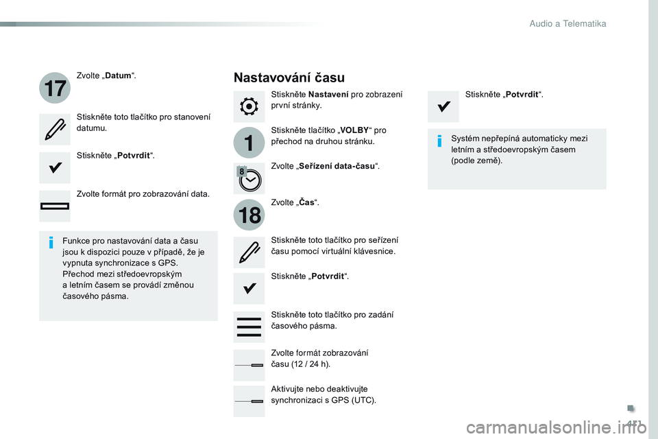CITROEN JUMPER SPACETOURER 2017  Návod na použití (in Czech) 411
1
17
18
Spacetourer-VP_cs_Chap10b_NAC-1_ed01-2016
Stiskněte Nastavení pro zobrazení 
první stránky.
Stiskněte tlačítko „ VOLBY“ pro 
přechod na druhou stránku.
Zvolte „
Datum“.
Z