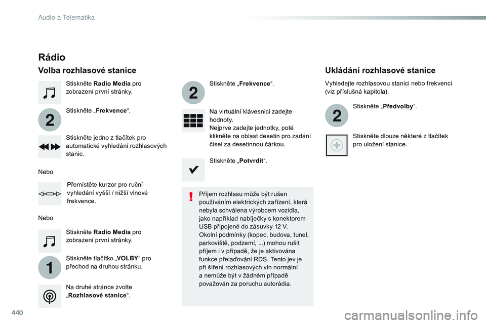 CITROEN JUMPER SPACETOURER 2017  Návod na použití (in Czech) 440
1
2
2
2
Spacetourer-VP_cs_Chap10c_rCC-1_ed01-2016
Stiskněte Radio Media  pro 
zobrazení první stránky.
Stiskněte tlačítko „ VOLBY“ pro 
přechod na druhou stránku. Stiskněte „ Frekv
