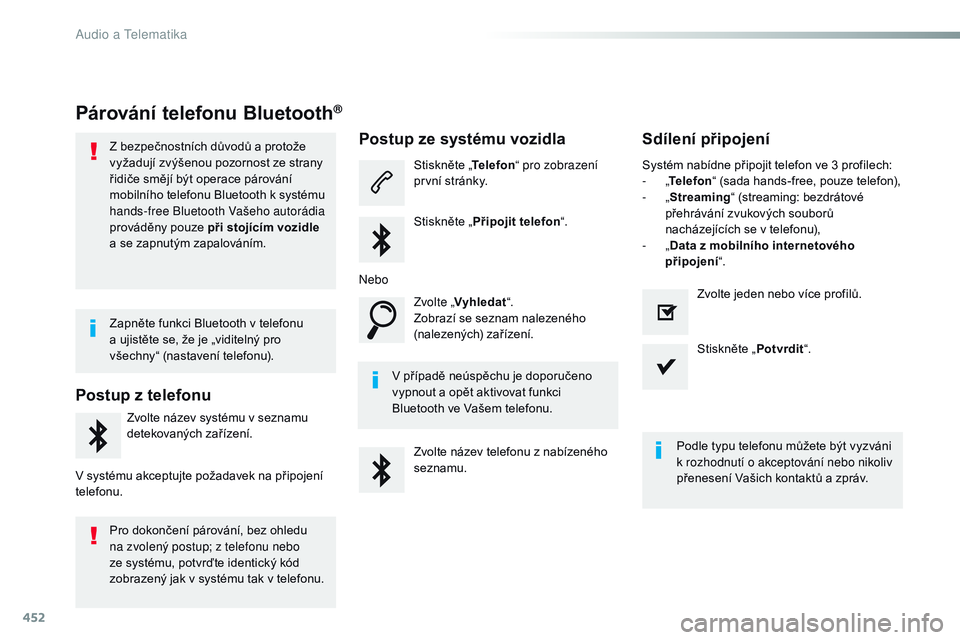 CITROEN JUMPER SPACETOURER 2017  Návod na použití (in Czech) 452
Spacetourer-VP_cs_Chap10c_rCC-1_ed01-2016
Párování telefonu Bluetooth®
Z bezpečnostních důvodů a protože 
vyžadují zvýšenou pozornost ze strany 
řidiče smějí být operace párová