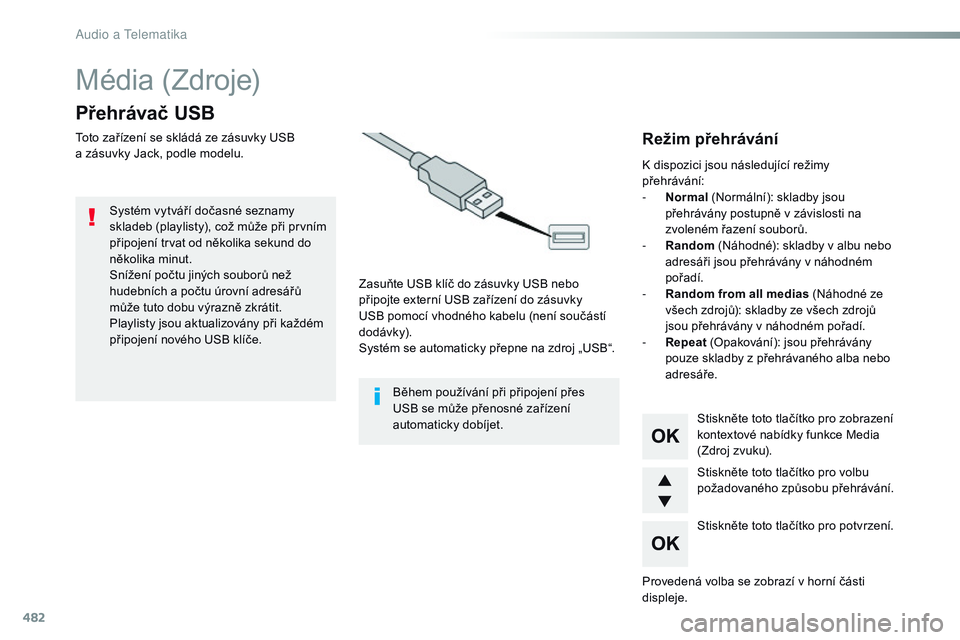 CITROEN JUMPER SPACETOURER 2017 Návod na použití (in Czech) 482
Média (Zdroje)
Přehrávač USB
Toto zařízení se skládá ze zásuvky USB
a zásuvky Jack, podle modelu.
Zasuňte USB klíč do zásuvky USB nebo
připojte externí USB zařízení do zásu CITROEN JUMPER SPACETOURER 2017 Návod na použití (in Czech) 482
Média (Zdroje)
Přehrávač USB
Toto zařízení se skládá ze zásuvky USB
a zásuvky Jack, podle modelu.
Zasuňte USB klíč do zásuvky USB nebo
připojte externí USB zařízení do zásu