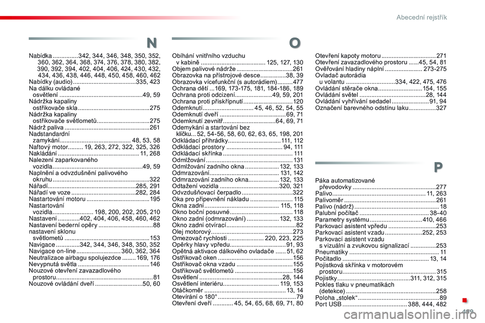 CITROEN JUMPER SPACETOURER 2017 Návod na použití (in Czech) 499
Spacetourer-VP_cs_Chap11_index-alpha_ed01-2016
nabídka ............... 342, 344, 346, 348, 350, 352,
360, 362, 364, 368, 374, 376, 378, 380, 382,
390, 392, 394, 402, 404, 406, 424, 430, 432, 4 CITROEN JUMPER SPACETOURER 2017 Návod na použití (in Czech) 499
Spacetourer-VP_cs_Chap11_index-alpha_ed01-2016
nabídka ............... 342, 344, 346, 348, 350, 352,
360, 362, 364, 368, 374, 376, 378, 380, 382,
390, 392, 394, 402, 404, 406, 424, 430, 432, 4