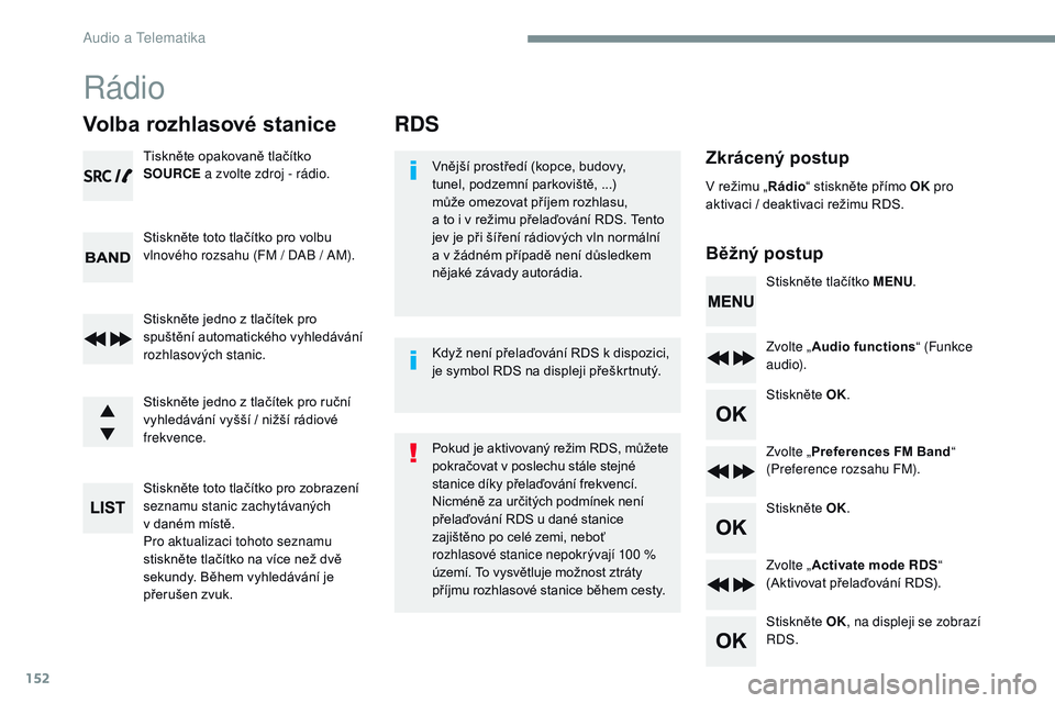 CITROEN JUMPER SPACETOURER 2017 Návod na použití (in Czech) 152
RDS
Zkrácený postup
Běžný postupVnější prostředí (kopce, budovy,
tunel, podzemní parkoviště, ...)
může omezovat příjem rozhlasu,
a to i v režimu přelaďování RDS. Tento
CITROEN JUMPER SPACETOURER 2017 Návod na použití (in Czech) 152
RDS
Zkrácený postup
Běžný postupVnější prostředí (kopce, budovy,
tunel, podzemní parkoviště, ...)
může omezovat příjem rozhlasu,
a to i v režimu přelaďování RDS. Tento