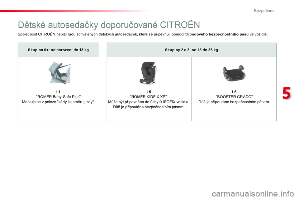 CITROEN JUMPER SPACETOURER 2017 Návod na použití (in Czech) 7
5
Bezpečnost
Skupiny 2 a 3: od 15 do 36 kg
L5
"RÖMER KIDFIX XP".
Může být připevněna do úchytů ISOFIX vozidla.
Dítě je připoutáno bezpečno CITROEN JUMPER SPACETOURER 2017 Návod na použití (in Czech) 7
5
Bezpečnost
Skupiny 2 a 3: od 15 do 36 kg
L5
"RÖMER KIDFIX XP".
Může být připevněna do úchytů ISOFIX vozidla.
Dítě je připoutáno bezpečno