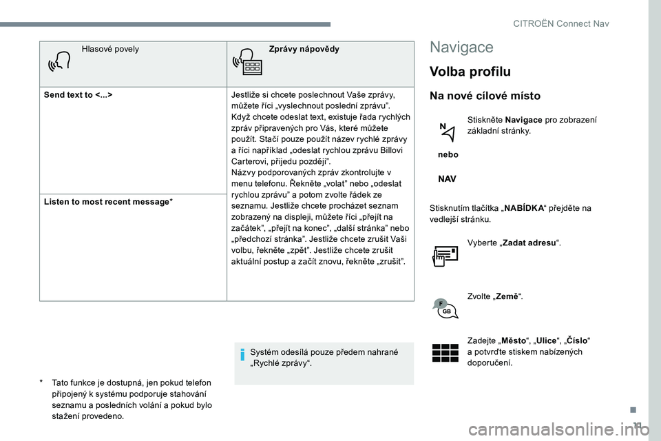 CITROEN JUMPER SPACETOURER 2017 Návod na použití (in Czech) 11
Hlasové povelyZprávy nápovědy
Send text to <...> Jestliže si chcete poslechnout Vaše zprávy,
můžete říci „vyslechnout poslední zprávu”.
Když chcete odeslat text, existuje řada CITROEN JUMPER SPACETOURER 2017 Návod na použití (in Czech) 11
Hlasové povelyZprávy nápovědy
Send text to <...> Jestliže si chcete poslechnout Vaše zprávy,
můžete říci „vyslechnout poslední zprávu”.
Když chcete odeslat text, existuje řada