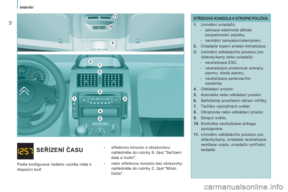 CITROEN JUMPER MULTISPACE 2014  Návod na použití (in Czech) Interiér
10   
STŘEDOVÁ KONZOLA A STROPNÍ POLIČKA 
 
 
 
1. 
 Umístění ovladačů: 
   
 
-   aktivace elektrické dětské 
bezpečnostní pojistky, 
   
-  centrální zamykání/odemykání