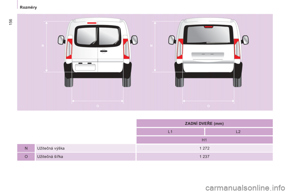 CITROEN JUMPER MULTISPACE 2014  Návod na použití (in Czech) 156
Rozměry
 
 
 
ZADNÍ DVEŘE (mm)  
 
   
L1    
L2  
   
H1  
   
N   Užitečná výška  
 
1 272  
   
O   Užitečná šířka  
 
1 237   