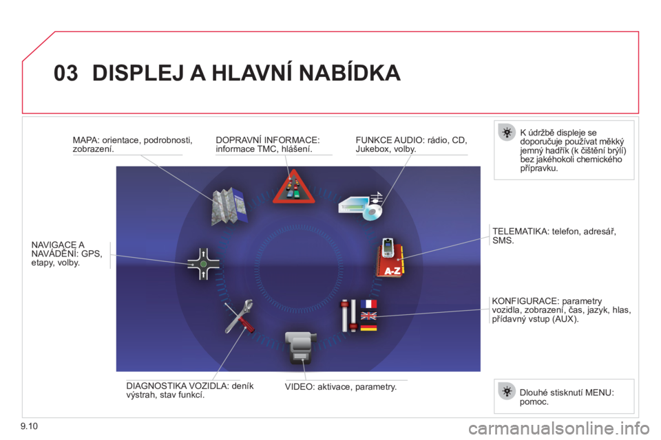 CITROEN JUMPER MULTISPACE 2013  Návod na použití (in Czech) 9.10
03DISPLEJ A HLAVNÍ NABÍDKA 
   
 
 
 
 
 
 
 
K údržbě displeje se
doporučuje používat měkkýjemný hadřík (k čištění brýlí) 
bez jakéhokoli chemického přípravku. 
   
Dl
ouh