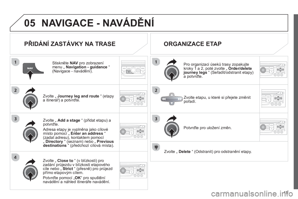 CITROEN JUMPER MULTISPACE 2013  Návod na použití (in Czech) 15
05NAVIGACE - NAVÁDĚNÍ
 
 
PŘIDÁNÍ ZASTÁVKY NA TRASE 
 
 Stiskněte NAV 
 pro zobrazenímenu „  Navigation - guidance 
 “(Navigace - navádění).
Zvolte 
„ Journey leg and route“ (et