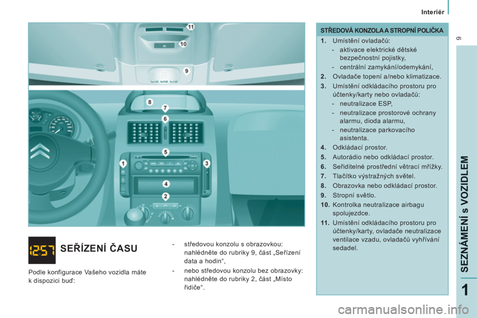 CITROEN JUMPER MULTISPACE 2012 Návod na použití (in Czech) 9
Interiér
SEZNÁMENÍ s VOZIDLE
M
1
STŘEDOVÁ KONZOLA A STROPNÍ POLIČKA
1.
Umístění ovladačů:
- aktivace elektrické dětské
bezpečnostní pojistky,
CITROEN JUMPER MULTISPACE 2012 Návod na použití (in Czech) 9
Interiér
SEZNÁMENÍ s VOZIDLE
M
1
STŘEDOVÁ KONZOLA A STROPNÍ POLIČKA
1.
Umístění ovladačů:
- aktivace elektrické dětské
bezpečnostní pojistky,