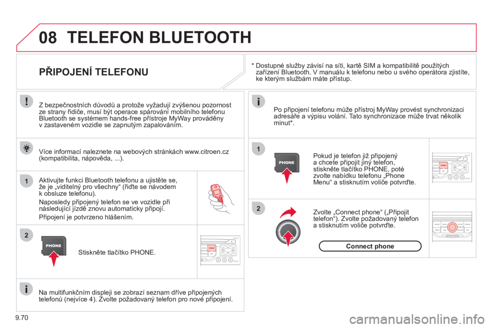 CITROEN JUMPER MULTISPACE 2012  Návod na použití (in Czech) 9.70
08
1
2
2
1
   * 
 
  Dostupné služby závisí na síti, kartě SIM a kompatibilitě použitých 
zařízení Bluetooth. V manuálu k telefonu nebo u svého operátora zjistíte, 
ke kterým slu
