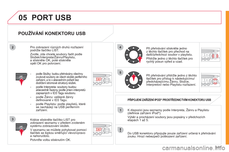 CITROEN JUMPER MULTISPACE 2012  Návod na použití (in Czech) 9.91
05
42
3
1
5
PORT USB
   
POUŽÍVÁNÍ KONEKTORU USB 
 
 
Krátce stiskněte tlačítko LIST pro zobrazení seznamu v předem zvolen
