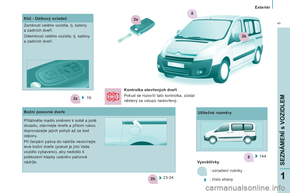 CITROEN JUMPER MULTISPACE 2012  Návod na použití (in Czech) 8
2a
2b
2a
2b
8
 5
   
 
Exteriér  
 
SEZNÁMENÍ s VOZIDLE
M
1
 
19  
  144  
   
 
 
Vysvětlivky  
  : označení rubriky 
  : číslo strany     23-24      
Klíč - Dálkový ovladač 
  Zamknut