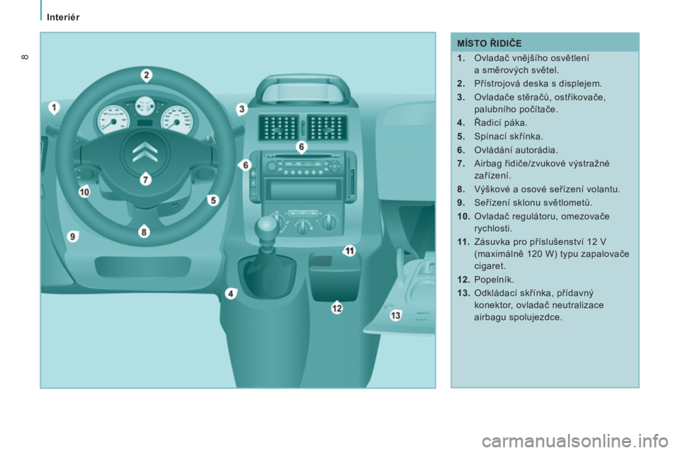 CITROEN JUMPER MULTISPACE 2012  Návod na použití (in Czech)    
 
Interiér 
8
 
 
 
MÍSTO ŘIDIČE 
   
 
1. 
 Ovladač vnějšího osvětlení 
a směrových světel. 
   
2. 
 Přístrojová deska s displejem. 
   
3. 
 Ovladače stěračů, ostřikovače,