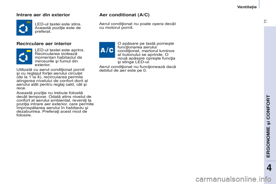 CITROEN BERLINGO MULTISPACE 2017 Ghiduri De Utilizare (in Romanian) 71
Berlingo2VP_ro_Chap04_Ergonomie_ed02-2016Berlingo2VP_ro_Chap04_Ergonomie_ed02-2016
Intrare aer din exterior
Recirculare aer interiorAer conditionat (A/C)
LED-ul tastei este stins.
Această poziţ CITROEN BERLINGO MULTISPACE 2017 Ghiduri De Utilizare (in Romanian) 71
Berlingo2VP_ro_Chap04_Ergonomie_ed02-2016Berlingo2VP_ro_Chap04_Ergonomie_ed02-2016
Intrare aer din exterior
Recirculare aer interiorAer conditionat (A/C)
LED-ul tastei este stins.
Această poziţ