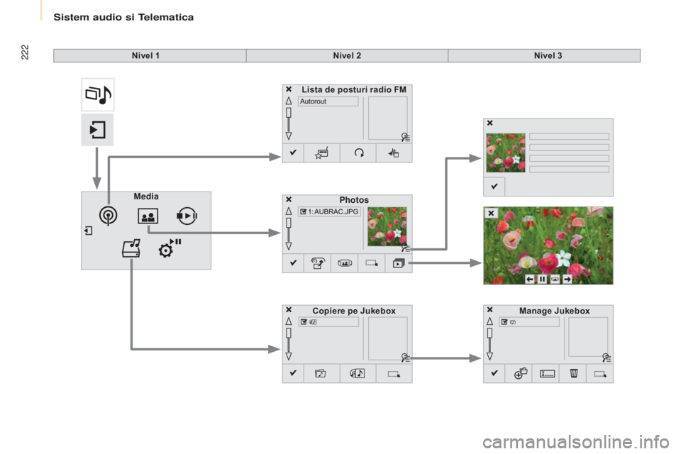 CITROEN BERLINGO MULTISPACE 2015  Ghiduri De Utilizare (in Romanian) 222
Berlingo-2-VP_ro_Chap10a_SMeGplus_ed01-2015
Nivel 1Nivel 2Nivel 3
Media Photos
Manage Jukebox
Lista de posturi radio FM
Copiere pe Jukebox 
Sistem audio si telematica  