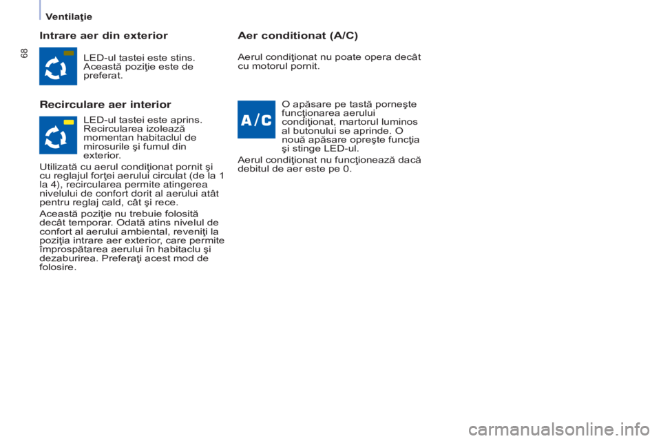 CITROEN BERLINGO MULTISPACE 2015  Ghiduri De Utilizare (in Romanian) 68
Berlingo-2-VP_ro_Chap04_ergonomie_ed01-2015Berlingo-2-VP_ro_Chap04_ergonomie_ed01-2015
Intrare aer din exterior
Recirculare aer interiorAer conditionat (A/C)
LED-ul tastei este stins. 
Această poz