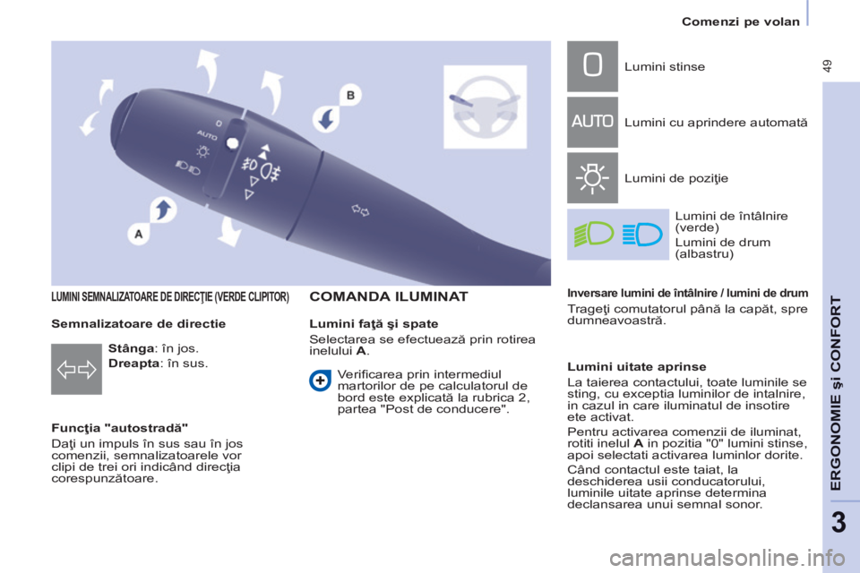 CITROEN BERLINGO MULTISPACE 2014 Ghiduri De Utilizare (in Romanian) 49
Comenzi pe volan
ERGONOMIE
şi
CONFORT
3
LUMINI SEMNALIZATOARE DE DIRECŢIE (VERDE CLIPITOR)
Funcţia "autostradă"
Daţi un impuls în sus sau în jos
comenzii, semnal CITROEN BERLINGO MULTISPACE 2014 Ghiduri De Utilizare (in Romanian) 49
Comenzi pe volan
ERGONOMIE
şi
CONFORT
3
LUMINI SEMNALIZATOARE DE DIRECŢIE (VERDE CLIPITOR)
Funcţia "autostradă"
Daţi un impuls în sus sau în jos
comenzii, semnal