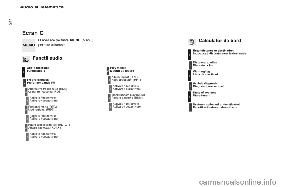 CITROEN BERLINGO ELECTRIC 2017  Ghiduri De Utilizare (in Romanian) 244
Berlingo-2-VU_ro_Chap10b_RD45_ed01-2015
Ecran C
Functii audioUrmarire frecventa (RDS)Activare / dezactivare
Preferinte banda FM
Mod regional (
r

e
G
 )
Activare / dezactivare
Afisare radiotext (R