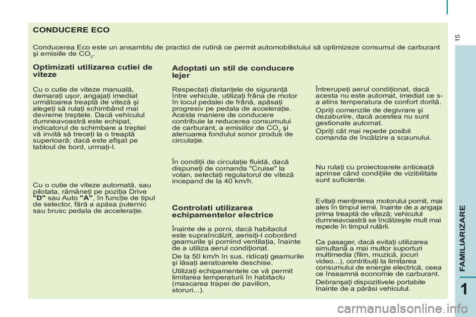CITROEN BERLINGO ELECTRIC 2015 Ghiduri De Utilizare (in Romanian) 15
1
FAMILIARIZARE
CONDUCERE ECO
Conducerea Eco este un ansamblu de practici de rutină ce permit automobilistului să optimizeze consumul de carburant
şi emisiile de CO
2.
Optimizati utiliza CITROEN BERLINGO ELECTRIC 2015 Ghiduri De Utilizare (in Romanian) 15
1
FAMILIARIZARE
CONDUCERE ECO
Conducerea Eco este un ansamblu de practici de rutină ce permit automobilistului să optimizeze consumul de carburant
şi emisiile de CO
2.
Optimizati utiliza