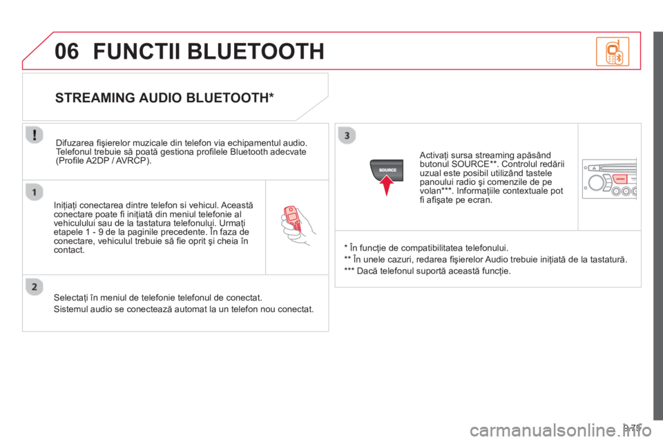 CITROEN BERLINGO ELECTRIC 2015  Ghiduri De Utilizare (in Romanian) 9.75
06
   
Iniţiaţi conectarea dintre telefon si vehicul. Aceastăconectare poate ﬁ  iniţiată din meniul telefonie alvehiculului sau de la tastatura telefonului. Urmaţi etapele 1 - 9 de la pag