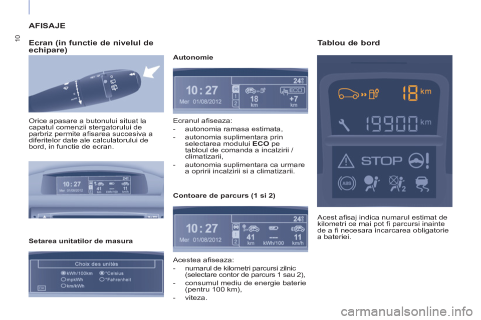 CITROEN BERLINGO ELECTRIC 2015 Ghiduri De Utilizare (in Romanian) 10
AFISAJE
Ecran (in functie de nivelul de
echipare)
Orice apasare a butonului situat la
capatul comenzii stergatorului de
parbriz permite afi sarea succesiva a
diferitelor date ale cal CITROEN BERLINGO ELECTRIC 2015 Ghiduri De Utilizare (in Romanian) 10
AFISAJE
Ecran (in functie de nivelul de
echipare)
Orice apasare a butonului situat la
capatul comenzii stergatorului de
parbriz permite afi sarea succesiva a
diferitelor date ale cal
