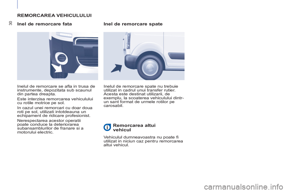 CITROEN BERLINGO ELECTRIC 2015 Ghiduri De Utilizare (in Romanian) 30
REMORCAREA VEHICULULUI
Inel de remorcare fata
Inelul de remorcare spate nu trebuie
utilizat in cadrul unui transfer rutier.
Acesta este destinat utilizarii, de
exemplu, la scoaterea ve CITROEN BERLINGO ELECTRIC 2015 Ghiduri De Utilizare (in Romanian) 30
REMORCAREA VEHICULULUI
Inel de remorcare fata
Inelul de remorcare spate nu trebuie
utilizat in cadrul unui transfer rutier.
Acesta este destinat utilizarii, de
exemplu, la scoaterea ve