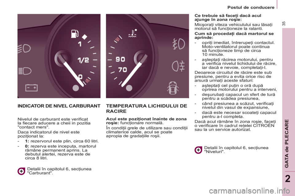 CITROEN BERLINGO ELECTRIC 2015  Ghiduri De Utilizare (in Romanian) 2
   
 
Postul de conducere  
 
35
GATA de PLECAR
E
 
INDICATOR DE NIVEL CARBURANT TEMPERATURA LICHIDULUI DE 
RA
CIRE 
   
Acul este poziţionat înainte de zona 
roşie: 
 funcţionare normală. 
  �