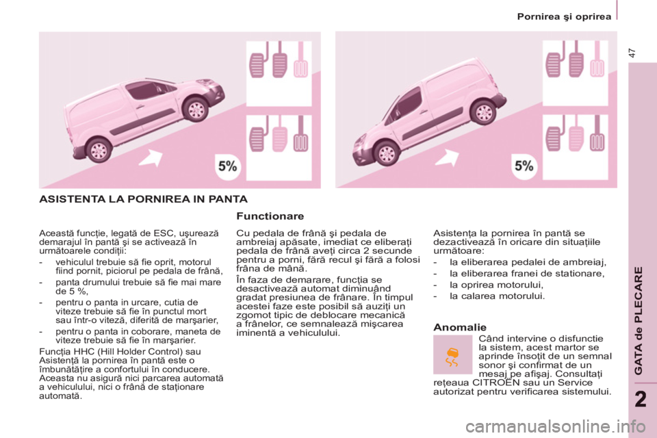 CITROEN BERLINGO ELECTRIC 2015 Ghiduri De Utilizare (in Romanian)
Pornirea şi oprirea
47
GATA de PLECAR
E
ASISTENTA LA PORNIREA IN PANTA
Functionare
Cu pedala de frână şi pedala de
ambreiaj apăsate, imediat ce eliberaţi
pedala de frână CITROEN BERLINGO ELECTRIC 2015 Ghiduri De Utilizare (in Romanian)
Pornirea şi oprirea
47
GATA de PLECAR
E
ASISTENTA LA PORNIREA IN PANTA
Functionare
Cu pedala de frână şi pedala de
ambreiaj apăsate, imediat ce eliberaţi
pedala de frână