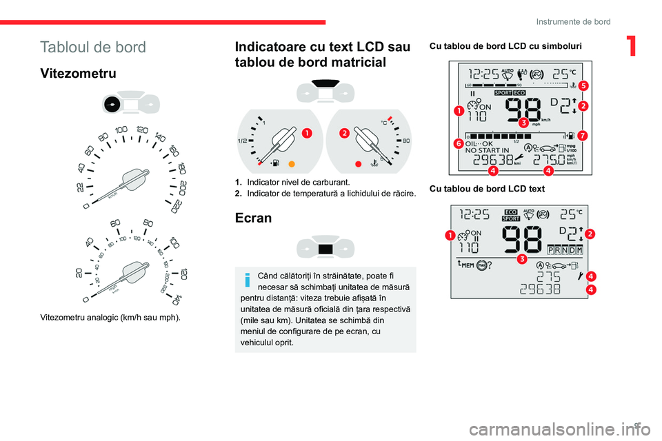CITROEN BERLINGO VAN 2021  Ghiduri De Utilizare (in Romanian) 9
Instrumente de bord
1Tabloul de bord
Vitezometru 
 
 
 
Vitezometru analogic (km/h sau mph).
Indicatoare cu text LCD sau 
tablou de bord matricial
 
 
1. Indicator nivel de carburant.
2. Indicator d