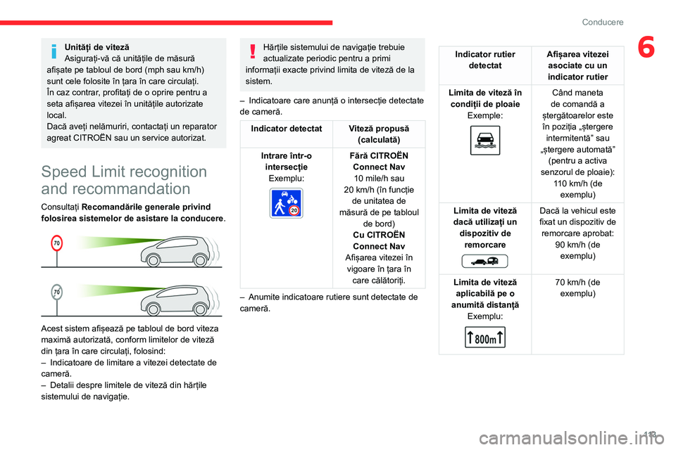 CITROEN BERLINGO VAN 2021 Ghiduri De Utilizare (in Romanian) 11 3
Conducere
6Unități de viteză
Asigurați-vă că unitățile de măsură
afișate pe tabloul de bord (mph sau km/h)
sunt cele folosite în țara în care circulați.
În caz contrar, profita CITROEN BERLINGO VAN 2021 Ghiduri De Utilizare (in Romanian) 11 3
Conducere
6Unități de viteză
Asigurați-vă că unitățile de măsură
afișate pe tabloul de bord (mph sau km/h)
sunt cele folosite în țara în care circulați.
În caz contrar, profita
