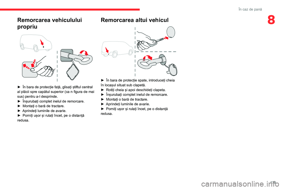 CITROEN BERLINGO VAN 2021  Ghiduri De Utilizare (in Romanian) 179
În caz de pană
8Remorcarea vehiculului 
propriu
 
 
► În bara de protecție față, glisați știftul central 
al plăcii spre capătul superior (ca n figura de mai 
sus) pentru a-l desprinde