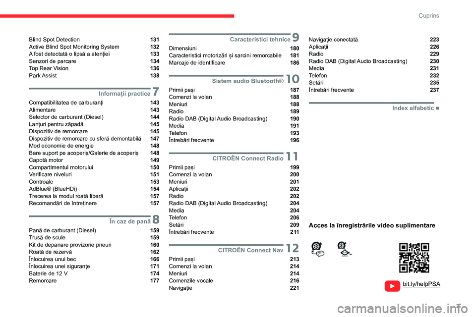 CITROEN BERLINGO VAN 2021  Ghiduri De Utilizare (in Romanian) 3
Cuprins
  
  
bit.ly/helpPSA
 
 
 
Blind Spot Detection  131
Active Blind Spot Monitoring System  132
A fost detectată o lipsă a atenției  133
Senzori de parcare  134
Top Rear Vision  136
Park As