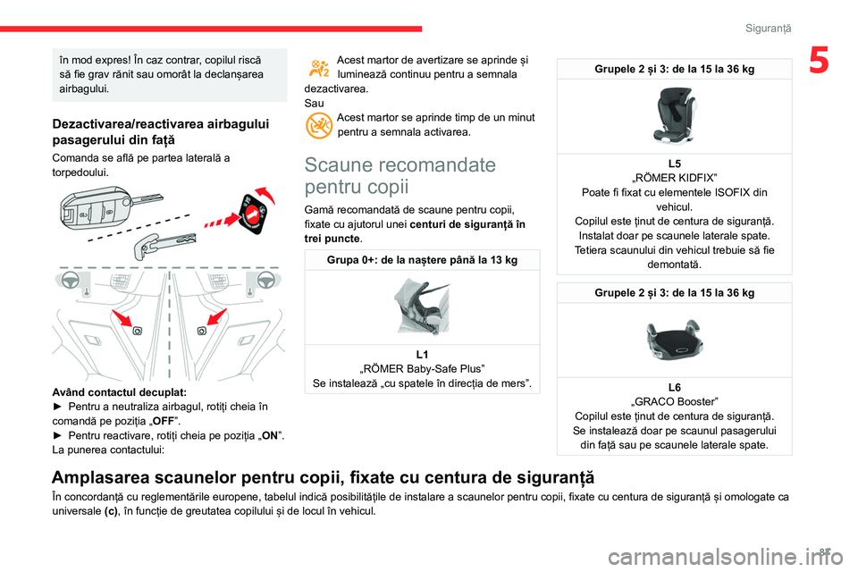 CITROEN BERLINGO VAN 2021  Ghiduri De Utilizare (in Romanian) 87
Siguranță
5în mod expres! În caz contrar, copilul riscă 
să fie grav rănit sau omorât la declanșarea 
airbagului.
Dezactivarea/reactivarea airbagului 
pasagerului din față
Comanda se afl
