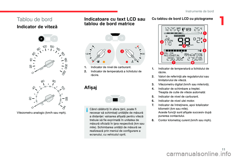 CITROEN BERLINGO VAN 2019 Ghiduri De Utilizare (in Romanian) 11
Tablou de bord
Indicator de viteză
Vitezometru analogic (km/h sau mph).
Indicatoare cu text LCD sau
tablou de bord matrice
1.Indicator de nivel de carburant.
2. Indicator de temperatură a lichid CITROEN BERLINGO VAN 2019 Ghiduri De Utilizare (in Romanian) 11
Tablou de bord
Indicator de viteză
Vitezometru analogic (km/h sau mph).
Indicatoare cu text LCD sau
tablou de bord matrice
1.Indicator de nivel de carburant.
2. Indicator de temperatură a lichid