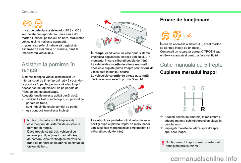 CITROEN BERLINGO VAN 2019 Ghiduri De Utilizare (in Romanian) 130
Asistare la pornirea în
rampă
Sistemul menține vehiculul imobilizat un
inter val scurt de timp (aproximativ 2 secunde)
la pornirea în pantă, pentru a vă oferi timpul
necesar să mutați CITROEN BERLINGO VAN 2019 Ghiduri De Utilizare (in Romanian) 130
Asistare la pornirea în
rampă
Sistemul menține vehiculul imobilizat un
inter val scurt de timp (aproximativ 2 secunde)
la pornirea în pantă, pentru a vă oferi timpul
necesar să mutați