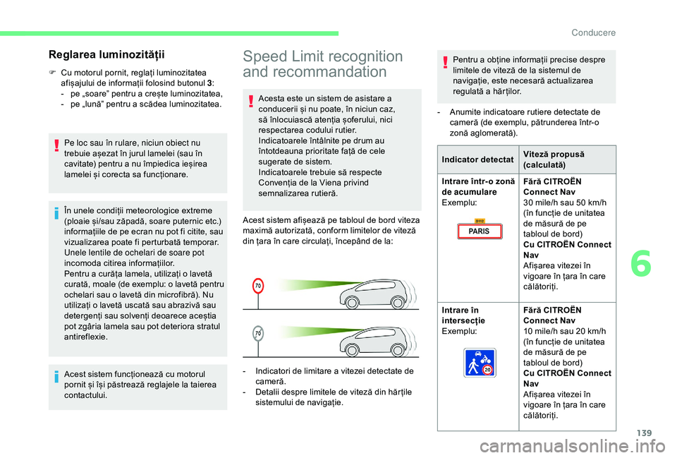 CITROEN BERLINGO VAN 2019 Ghiduri De Utilizare (in Romanian) 139
Speed Limit recognition
and recommandation
Acesta este un sistem de asistare a
conducerii și nu poate, în niciun caz,
să înlocuiască atenția șoferului, nici
respectarea codului rutier.
CITROEN BERLINGO VAN 2019 Ghiduri De Utilizare (in Romanian) 139
Speed Limit recognition
and recommandation
Acesta este un sistem de asistare a
conducerii și nu poate, în niciun caz,
să înlocuiască atenția șoferului, nici
respectarea codului rutier.