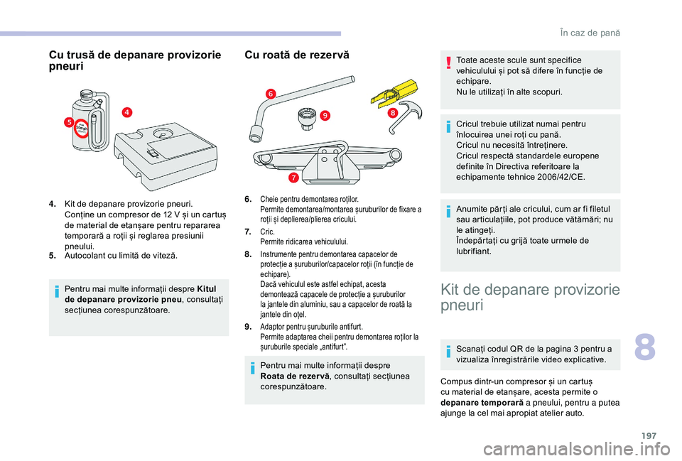 CITROEN BERLINGO VAN 2019 Ghiduri De Utilizare (in Romanian) 197
Cu trusă de depanare provizorie
pneuri
4.Kit de depanare provizorie pneuri.
Conține un compresor de 12
V și un cartuș
de material de etanșare pentru repararea
temporară a roții și reg CITROEN BERLINGO VAN 2019 Ghiduri De Utilizare (in Romanian) 197
Cu trusă de depanare provizorie
pneuri
4.Kit de depanare provizorie pneuri.
Conține un compresor de 12
V și un cartuș
de material de etanșare pentru repararea
temporară a roții și reg